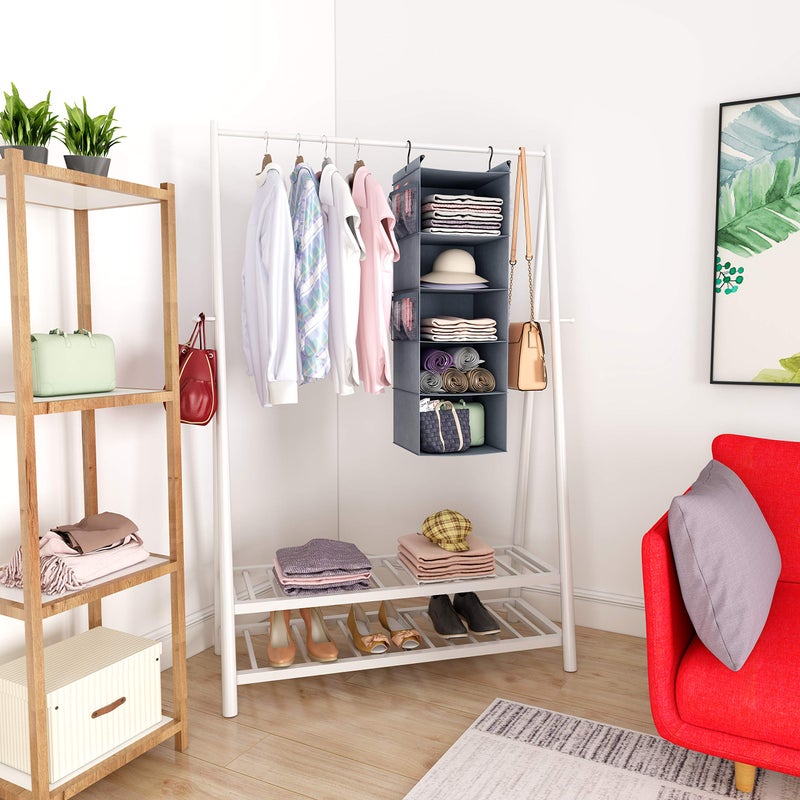 MAX Houser 5 Shelf Hanging Closet Organizer, Space Saver, Cloth Hanging Shelves with 4 Side Pockets, Foldable, Grey - Image 5